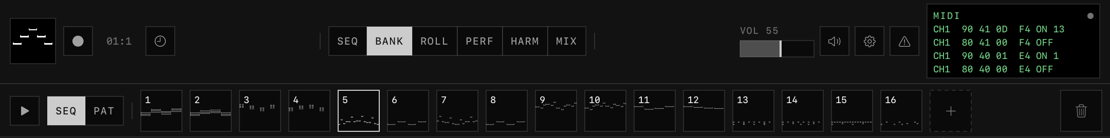 epicMIDI top bar and pattern bar