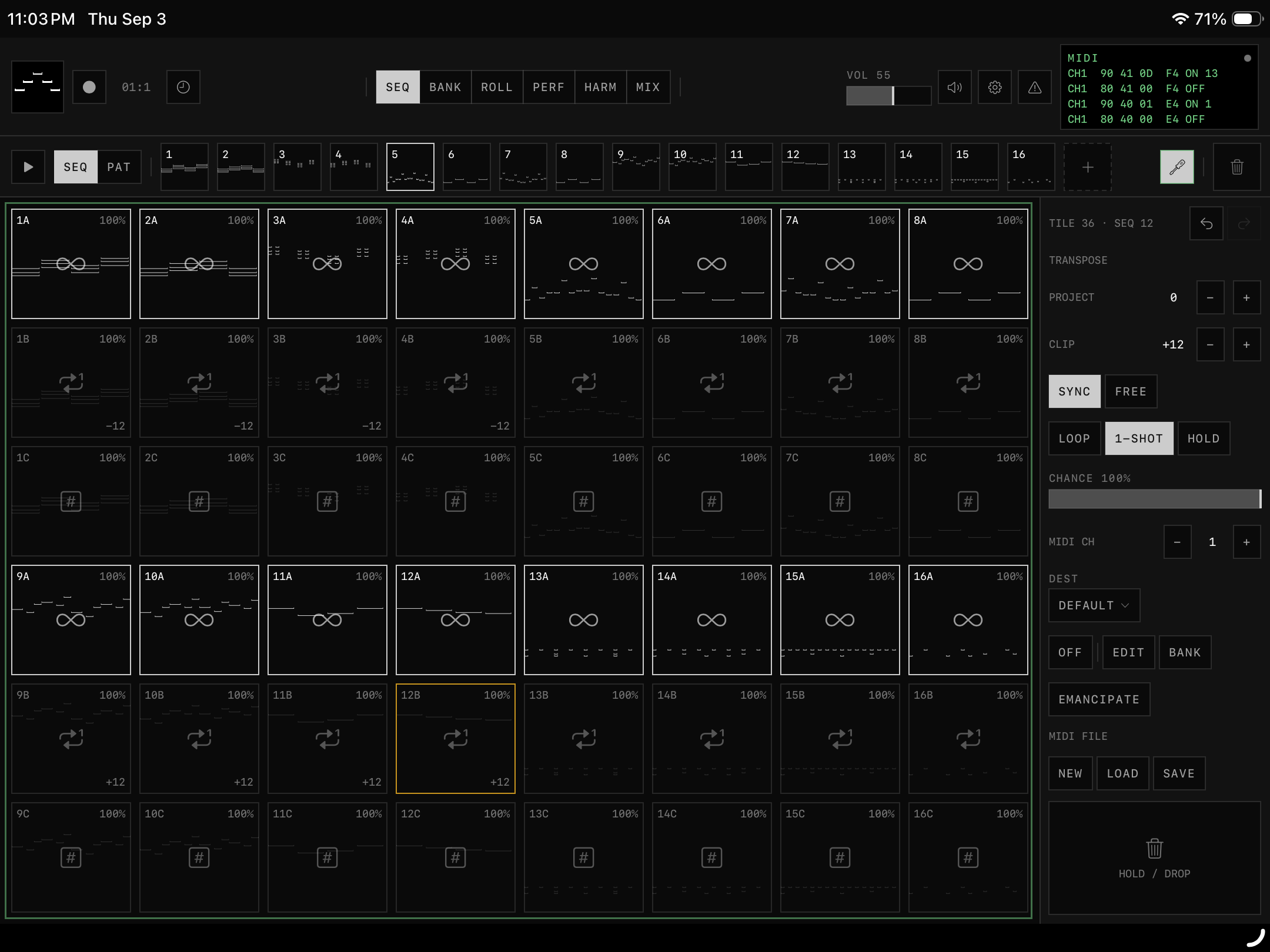 epicMIDI SEQ grid and rail