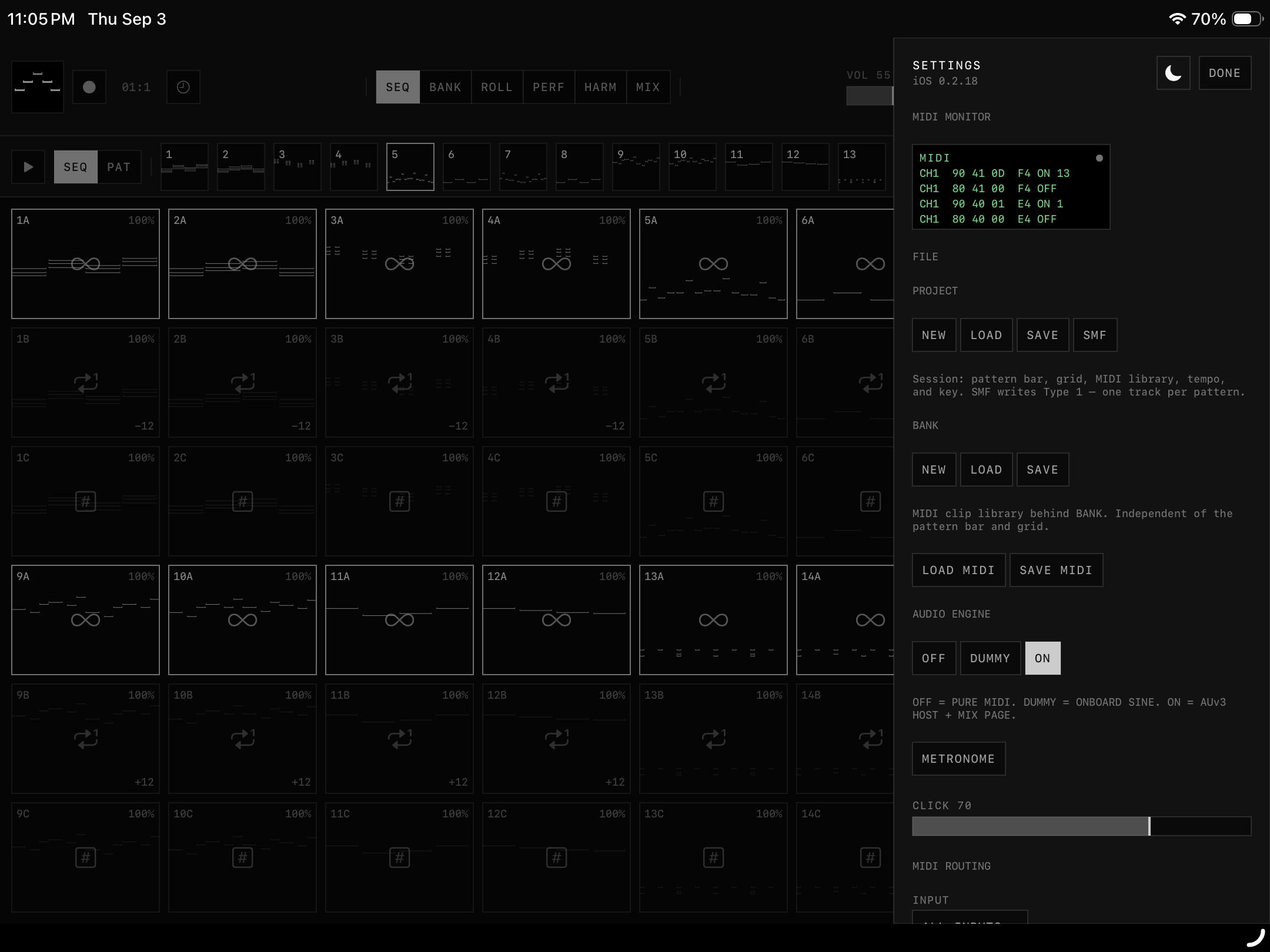 epicMIDI settings rail